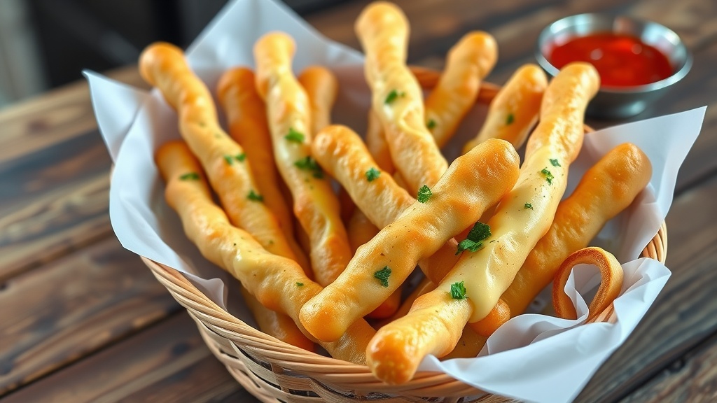Homemade Garlic Parmesan Breadsticks Recipe A basket of golden garlic parmesan breadsticks, garnished with parsley and served with marinara sauce.